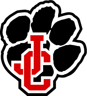 Black paw print with red JC for Jackson County High School logo in Jackson County, GA