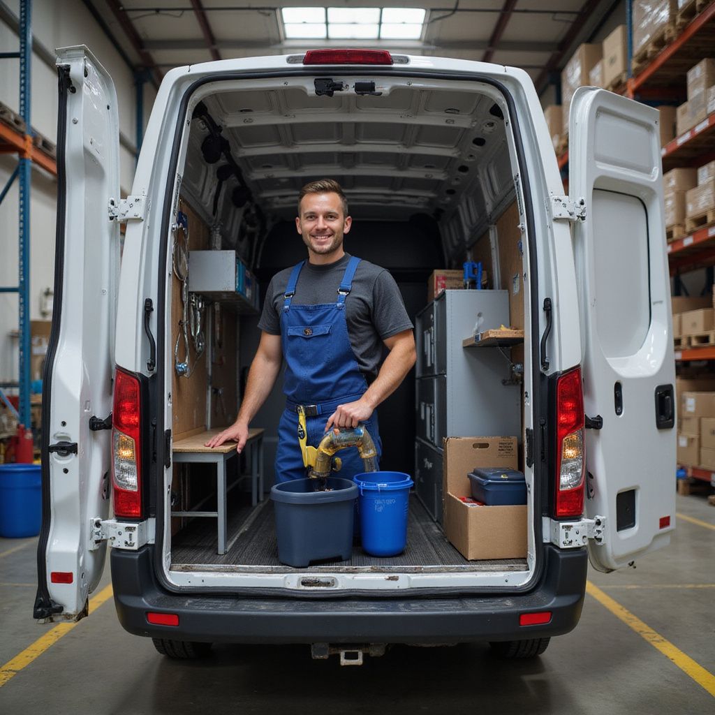 Man smiling inside a white work van with open doors, holding a tool. Boxes and shelving are visible in the background.