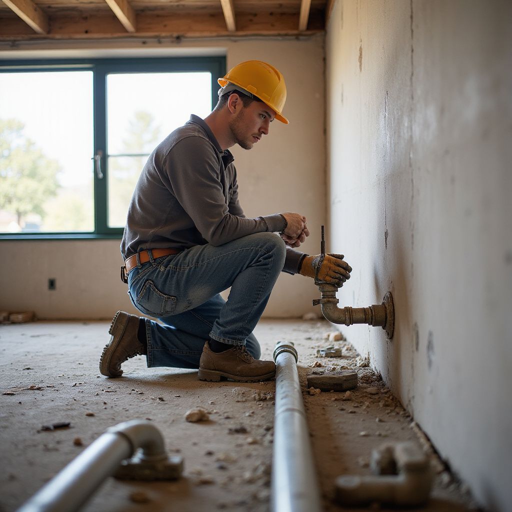 Construction worker in yellow helmet, kneeling, connecting pipes to wall in unfinished room. Leak detection and leak repair.