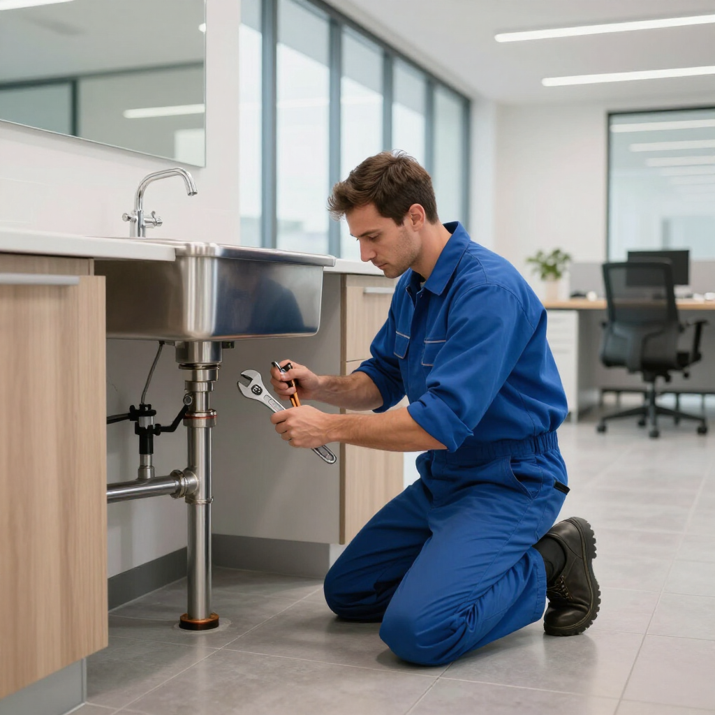 plumber working on a business sink leak in a blue shirt in flowery branch georgia