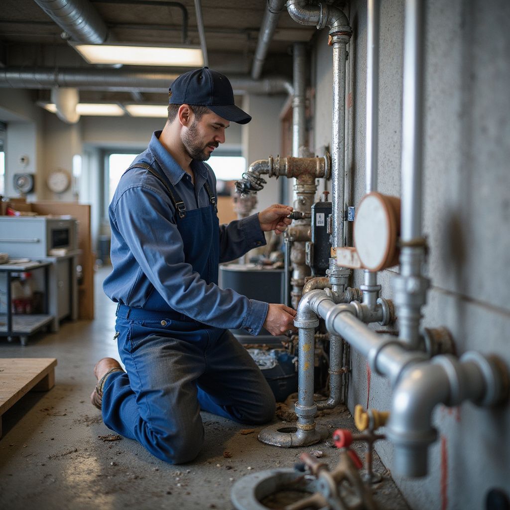 A plumber kneels, working on pipes in an industrial setting. He wears a blue jumpsuit and cap.