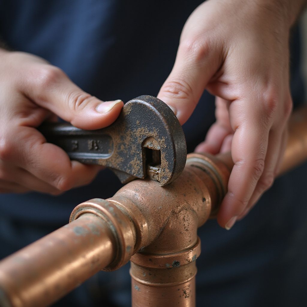 Hands tightening a rusty wrench on a copper pipe fitting, likely during plumbing work.
