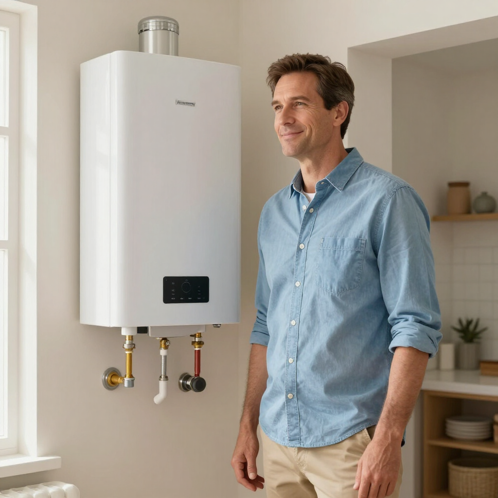 tankless water heater in suwanee ga with a customer wearing a blue shirt