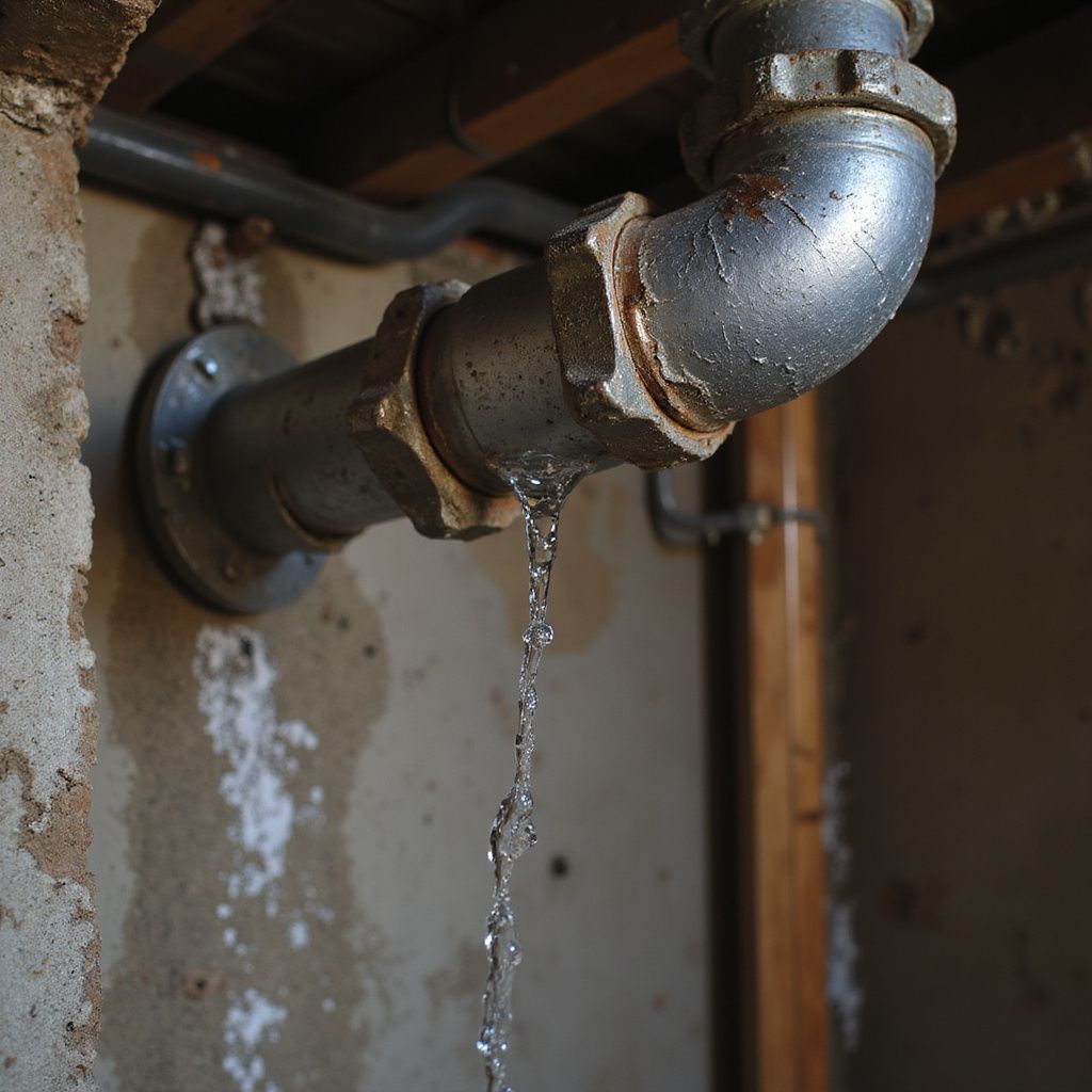 Leaking pipe in a basement. Water drips from cracked, metal joint onto stained wall. Plumbing repairs for home and business.