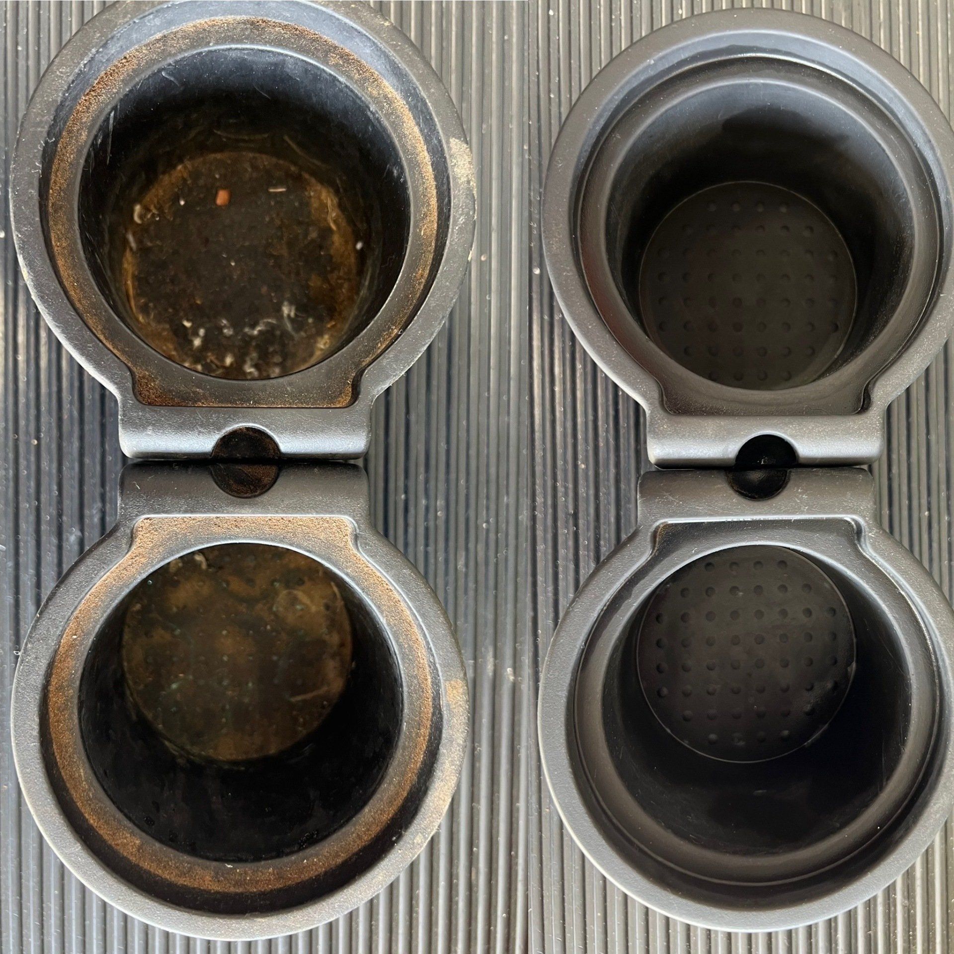 A close up of a dirty and clean container on a table