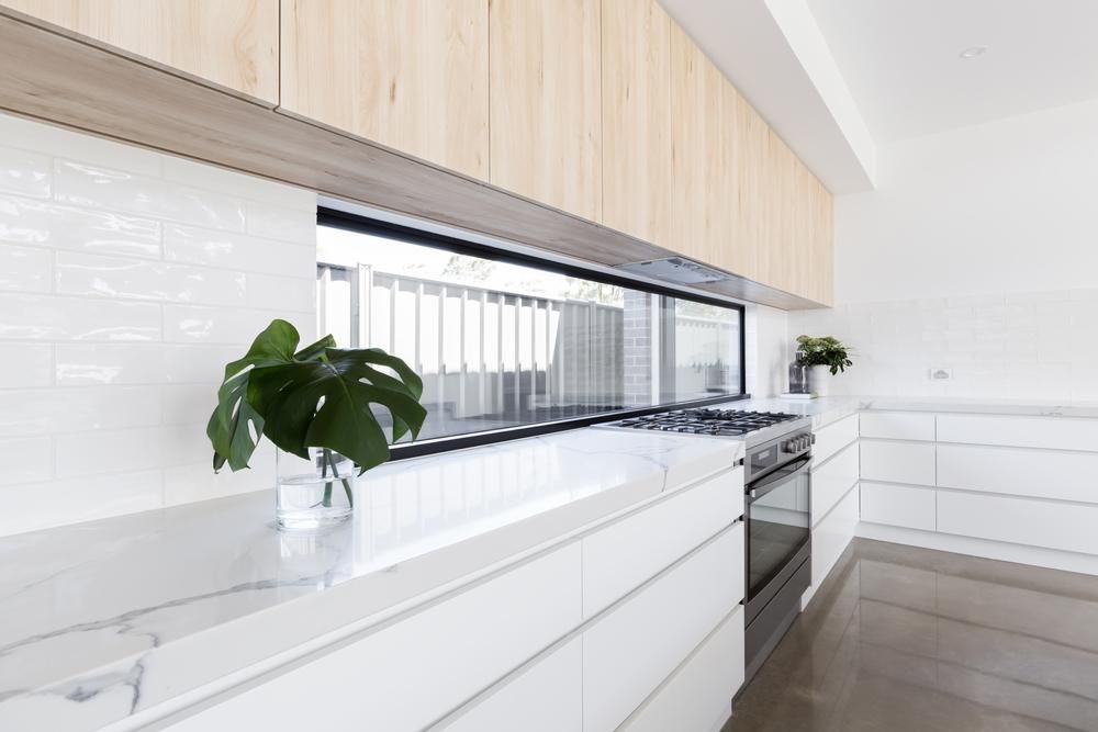A Kitchen With White Cabinets and a Potted Plant on the Counter — Headlands Glass in Ballina, NSW