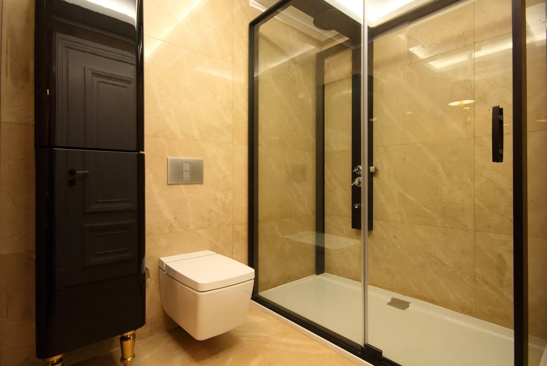 A Bathroom With a Toilet and a Walk in Shower — Headlands Glass in Ballina, NSW