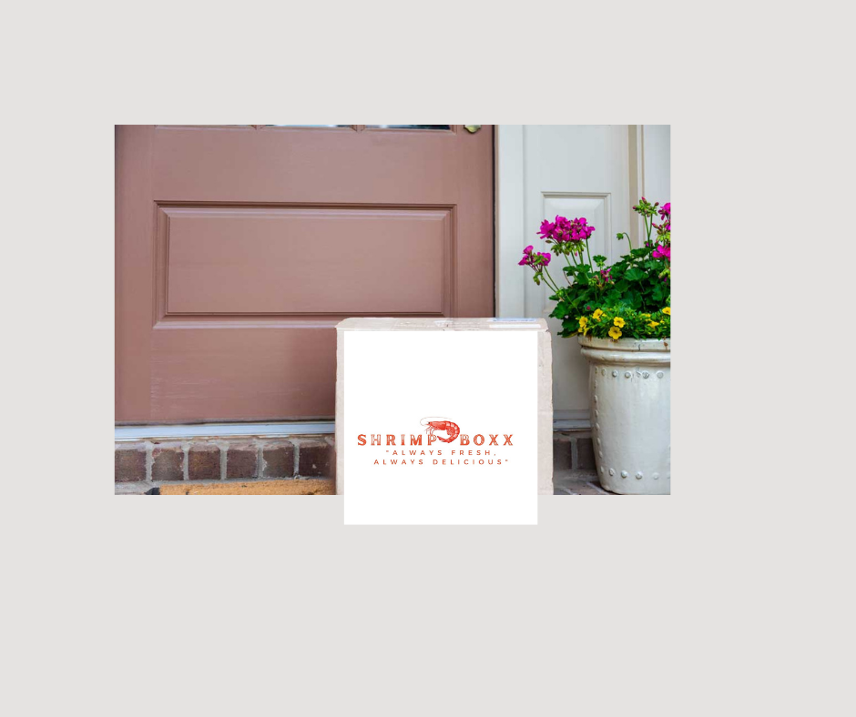 A shrimp box sits in front of a door next to a pot of flowers