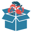 A blue box filled with fish , crabs , and shrimp.