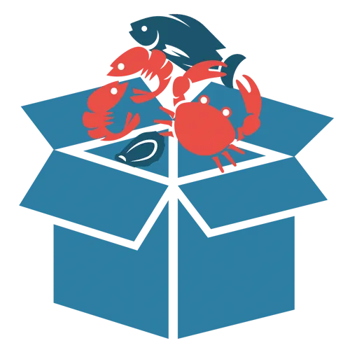 A blue box filled with fish , crabs , and shrimp.