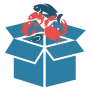 A blue box filled with fish , crabs , and shrimp.