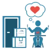 A person is sitting at a table with a heart in a thought bubble.