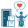 A person is sitting at a table with a heart in a thought bubble.