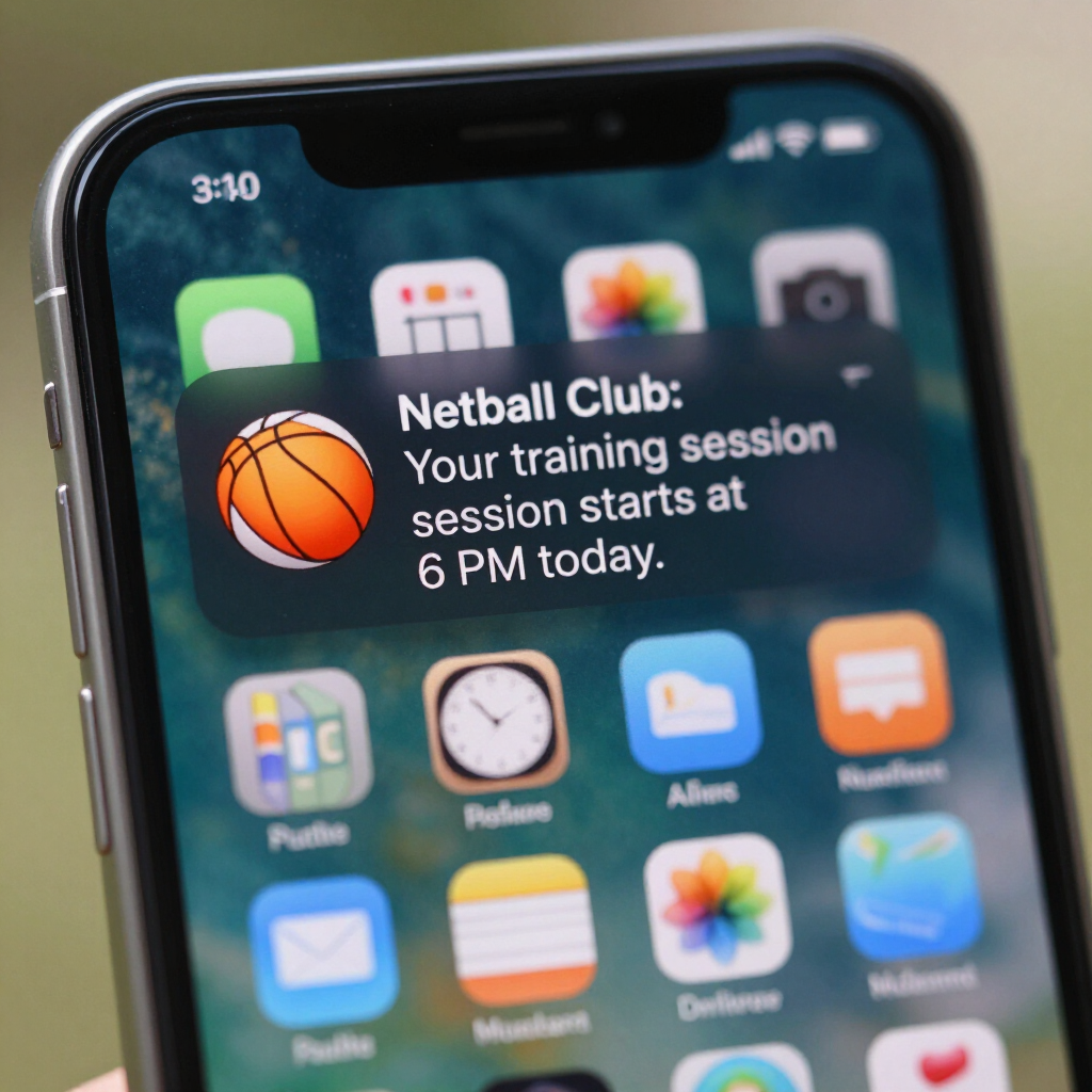 IPhone home screen showing a notification from Netball Club: training session starts at 6 PM today