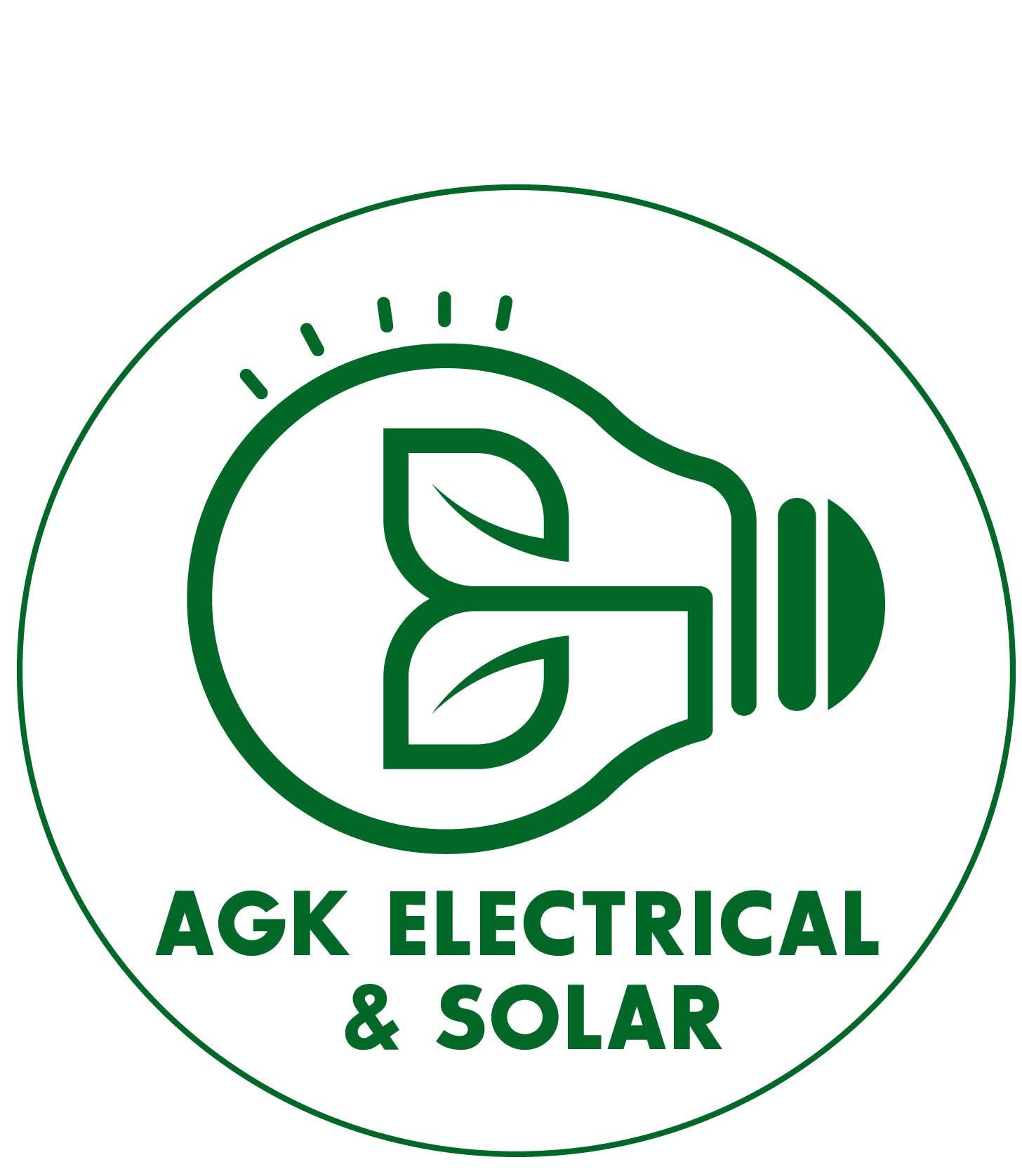 Green AGK Electrical & Solar logo with a lightbulb and leaves inside a circle.