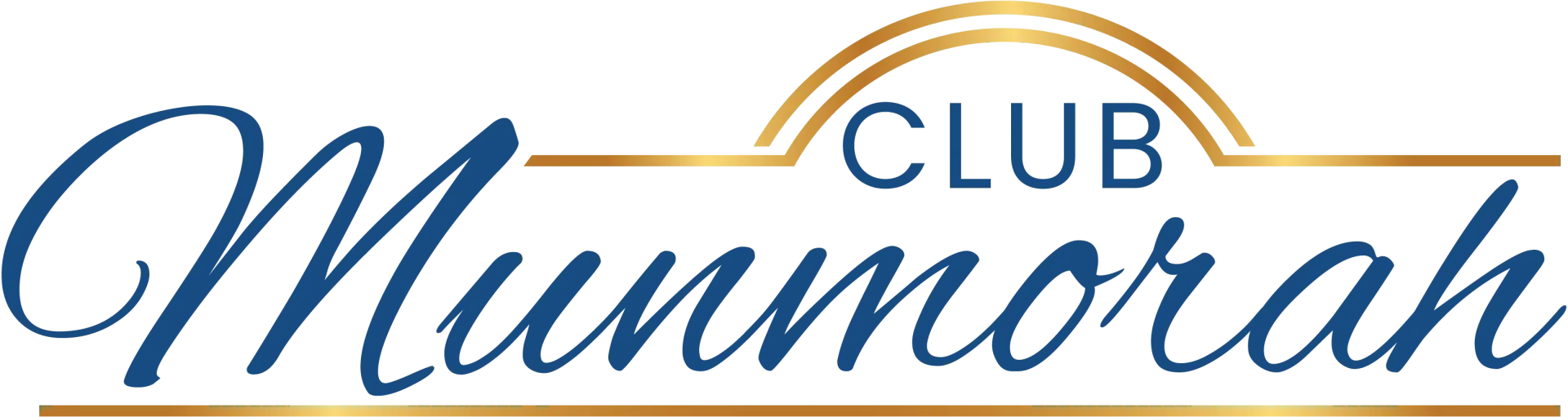 The Club Munmorah logo with dark blue cursive text under a gold arch, underscored by a horizontal gold line.