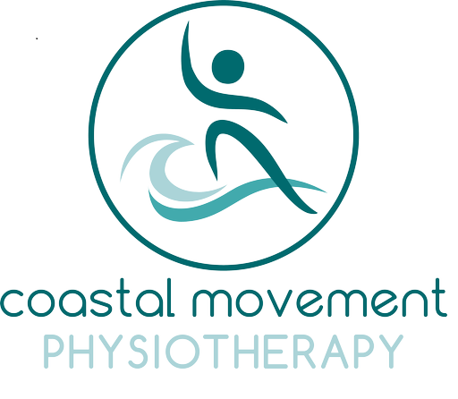 A logo for Coastal Movement Physiotherapy featuring a teal abstract person leaping over a stylized blue ocean wave.