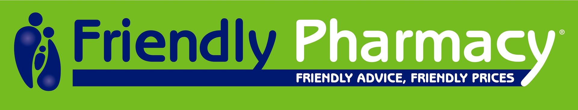 Logo for Friendly Pharmacy, featuring a stylized icon of three people next to the text on a lime green background.