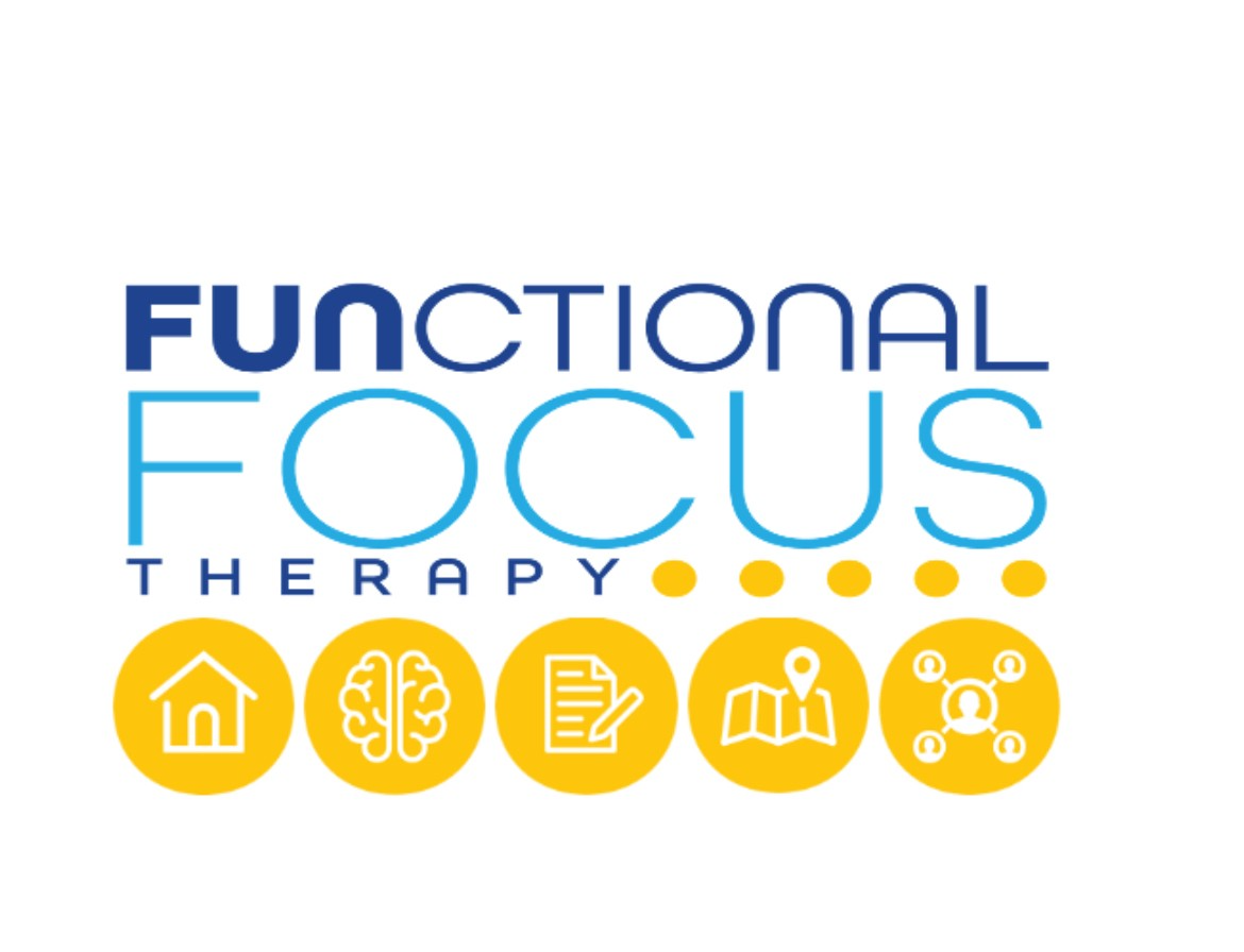 Logo for Functional Focus Therapy featuring the company name in blue text above five yellow circular icons.