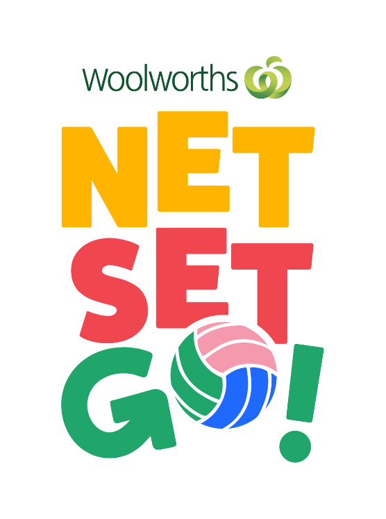 Logo for Woolworths NetSetGO featuring stacked yellow, red, and green text and a multi-colored netball.