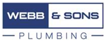 Logo for Webb & Sons Plumbing, featuring the company name in a blue and white rectangular box above the word PLUMBING.