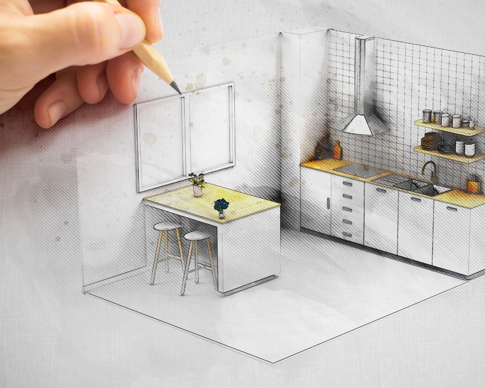 A person is drawing a kitchen with a pencil on a piece of paper.