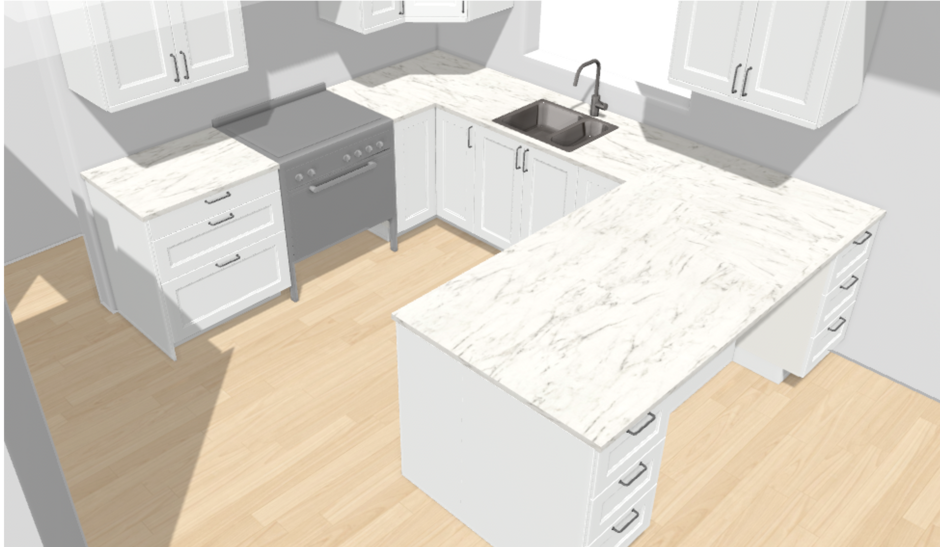 A 3d rendering of a kitchen with white cabinets and marble counter tops.