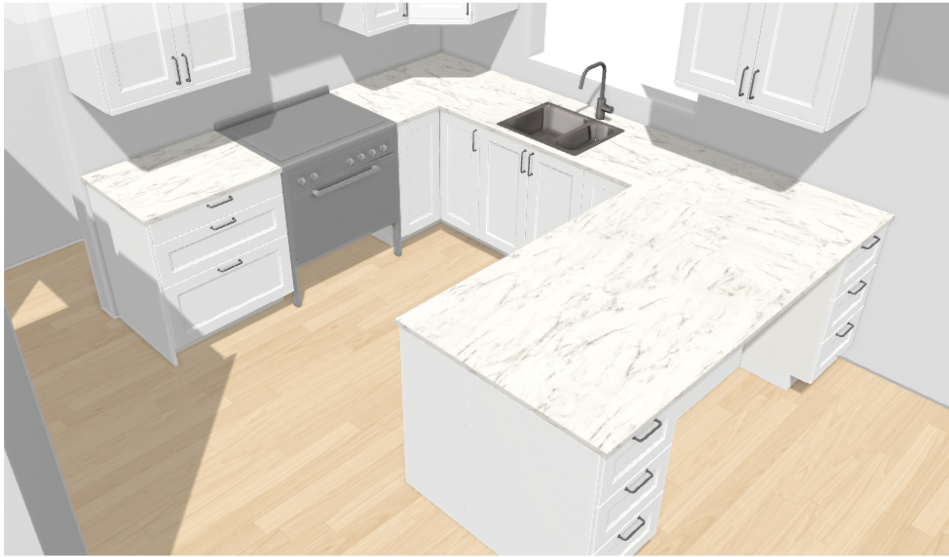 A 3d rendering of a kitchen with white cabinets and marble counter tops.