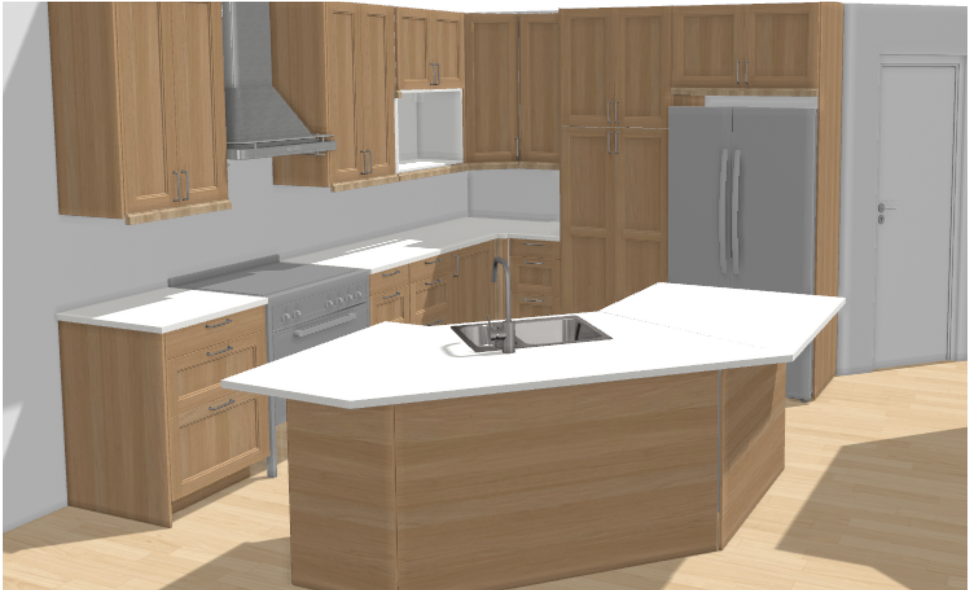 A 3d rendering of a kitchen with wooden cabinets and a large island.