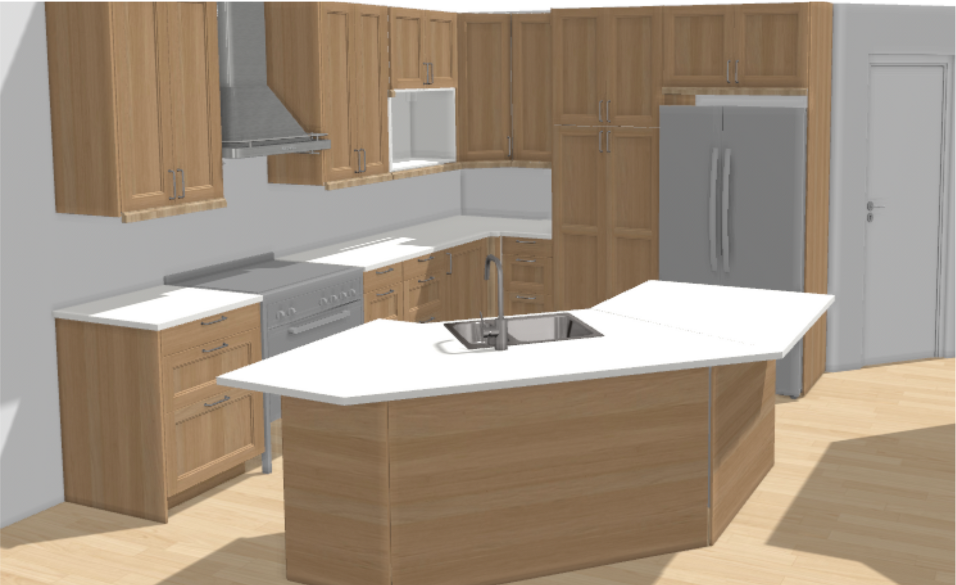 A 3d rendering of a kitchen with wooden cabinets and a large island.