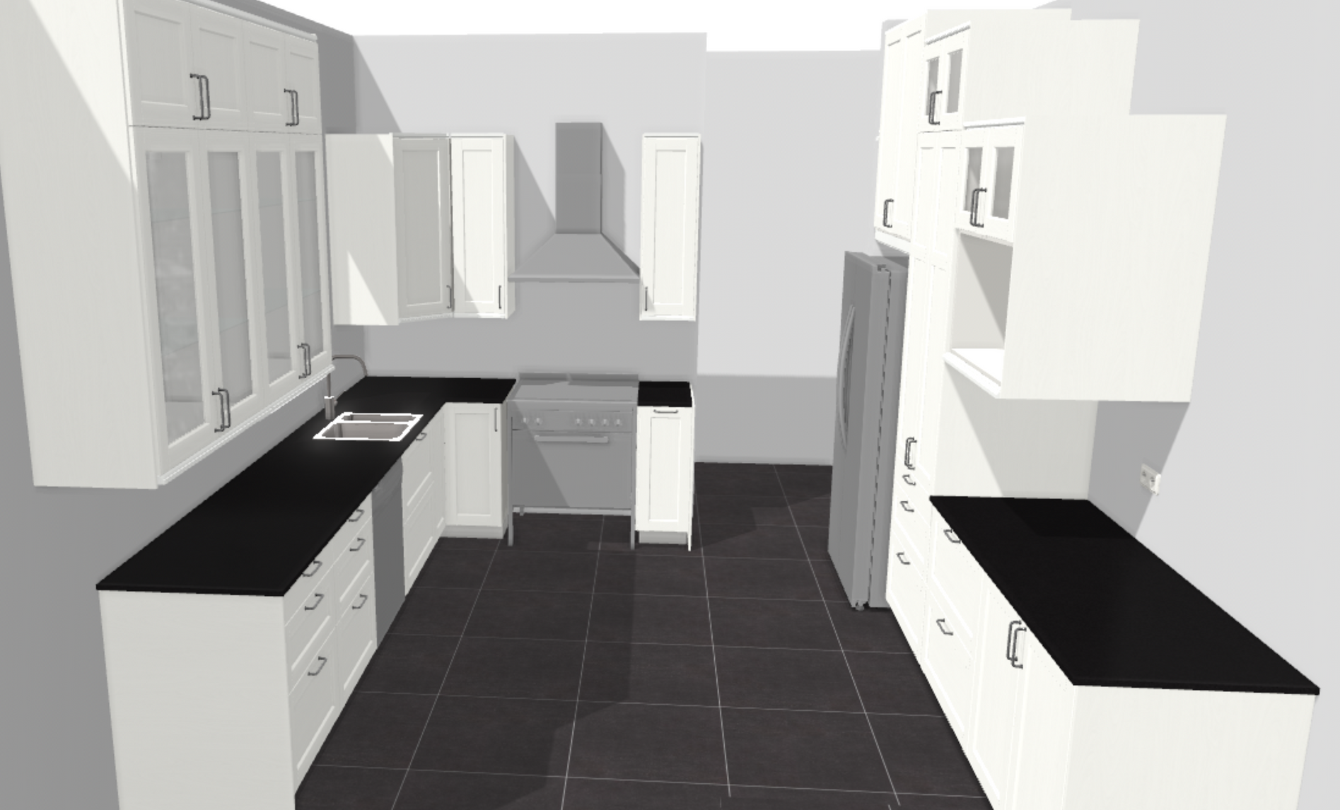 A 3d rendering of a kitchen with white cabinets and black counter tops