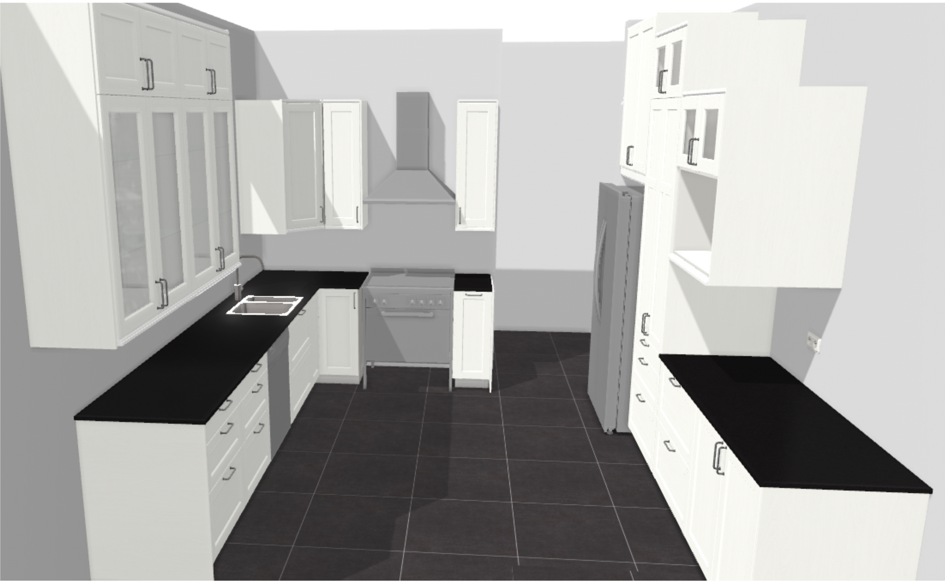 A 3d rendering of a kitchen with white cabinets and black counter tops