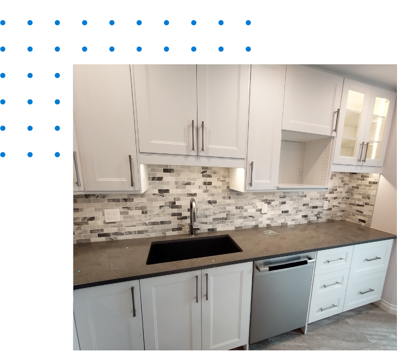 A kitchen with white cabinets , a sink , and a dishwasher.