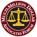 Circular red-and-white “Million Dollar Advocates Forum” logo with gold balance scales centered