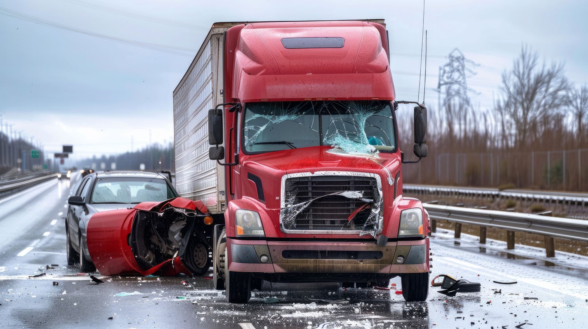 A red semi truck has crashed into a red car on a highway in Indiana