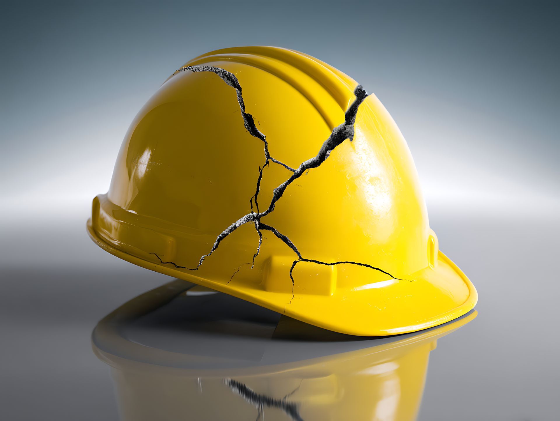 A yellow hard hat with cracks in it