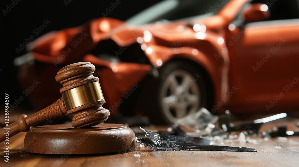 A judge 's gavel is sitting on a wooden table in front of a damaged car.