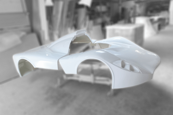 GRP fibreglass race car front and rear body panels laid out prior to assembly by Henleycraft Ltd Portsmouth