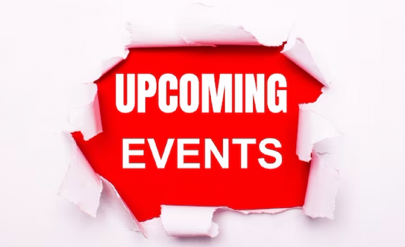 A red sign that says upcoming events is behind torn paper.