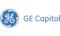 A blue and white logo for ge capital on a white background in Columbus