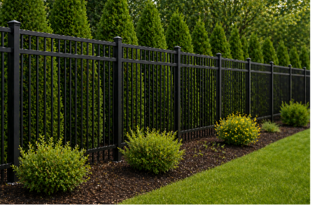 Black aluminium fence with tall green hedges and small shrubs along a landscaped lawn.