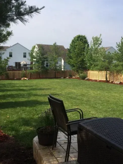 A large lawn with chairs and a table in the foreground, and houses with wooden fences in the background in Columbus