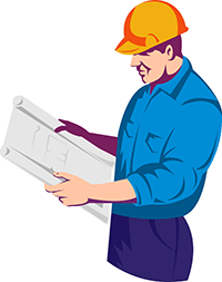 A man wearing a hard hat is looking at a blueprint in Columbus