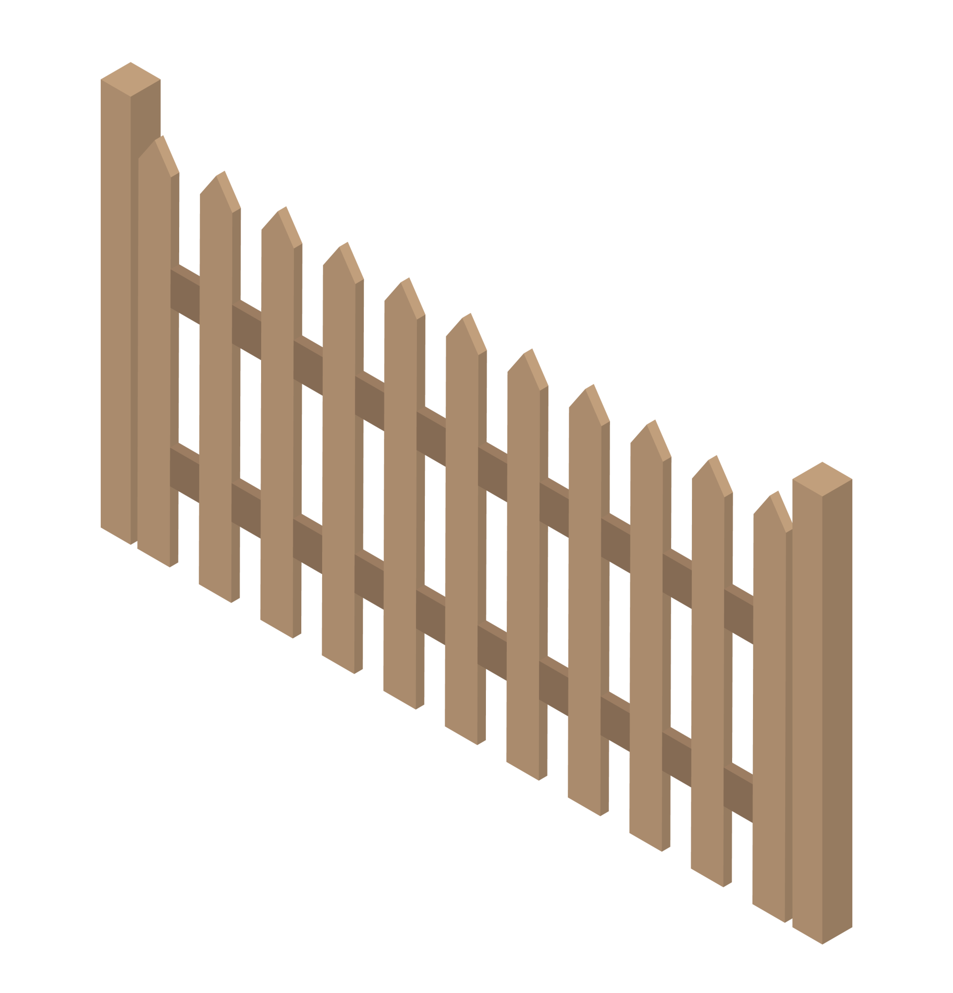 An isometric view of a wooden picket fence on a white background in Westerville