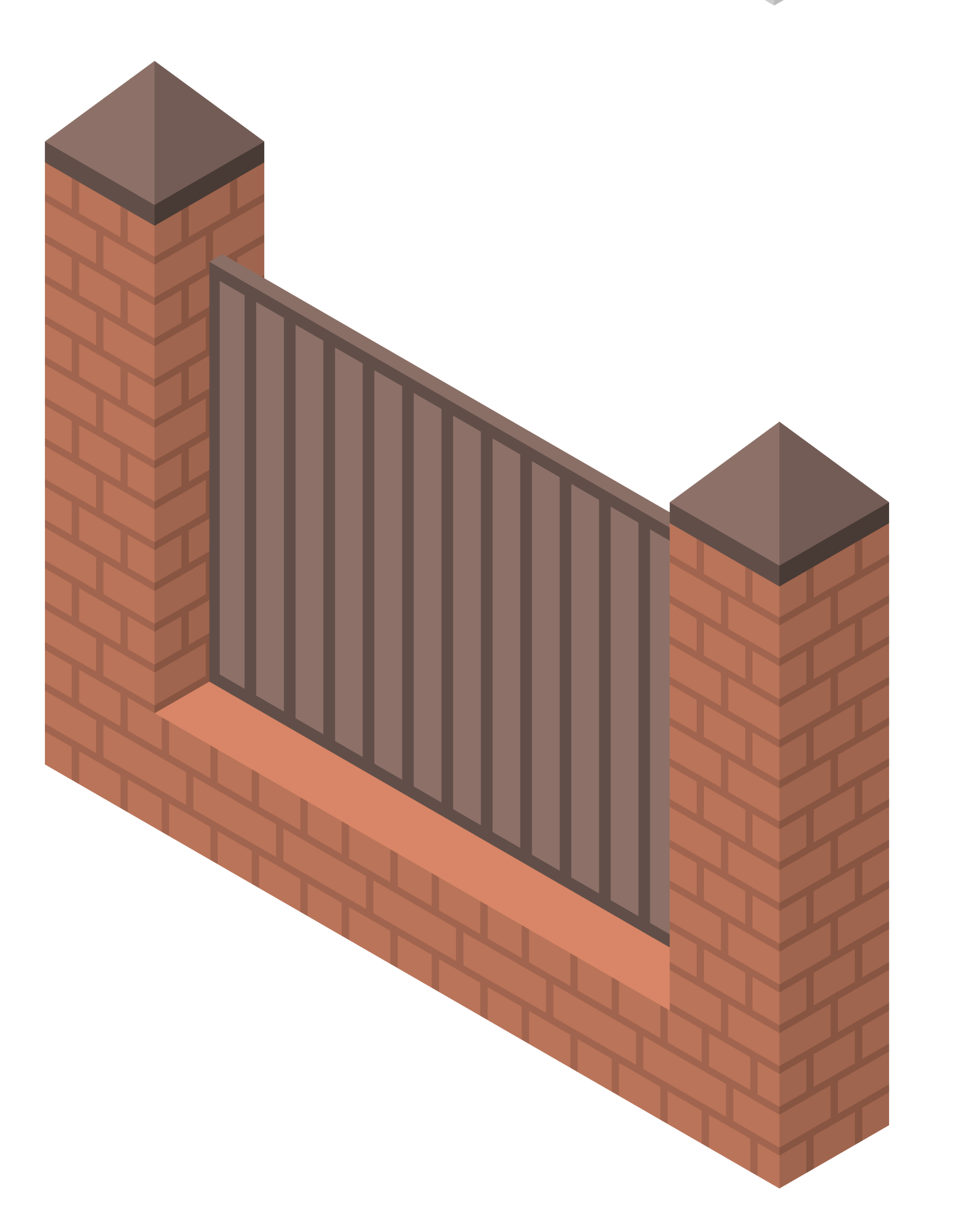An isometric illustration of a brick fence with a metal railing Lewis Center