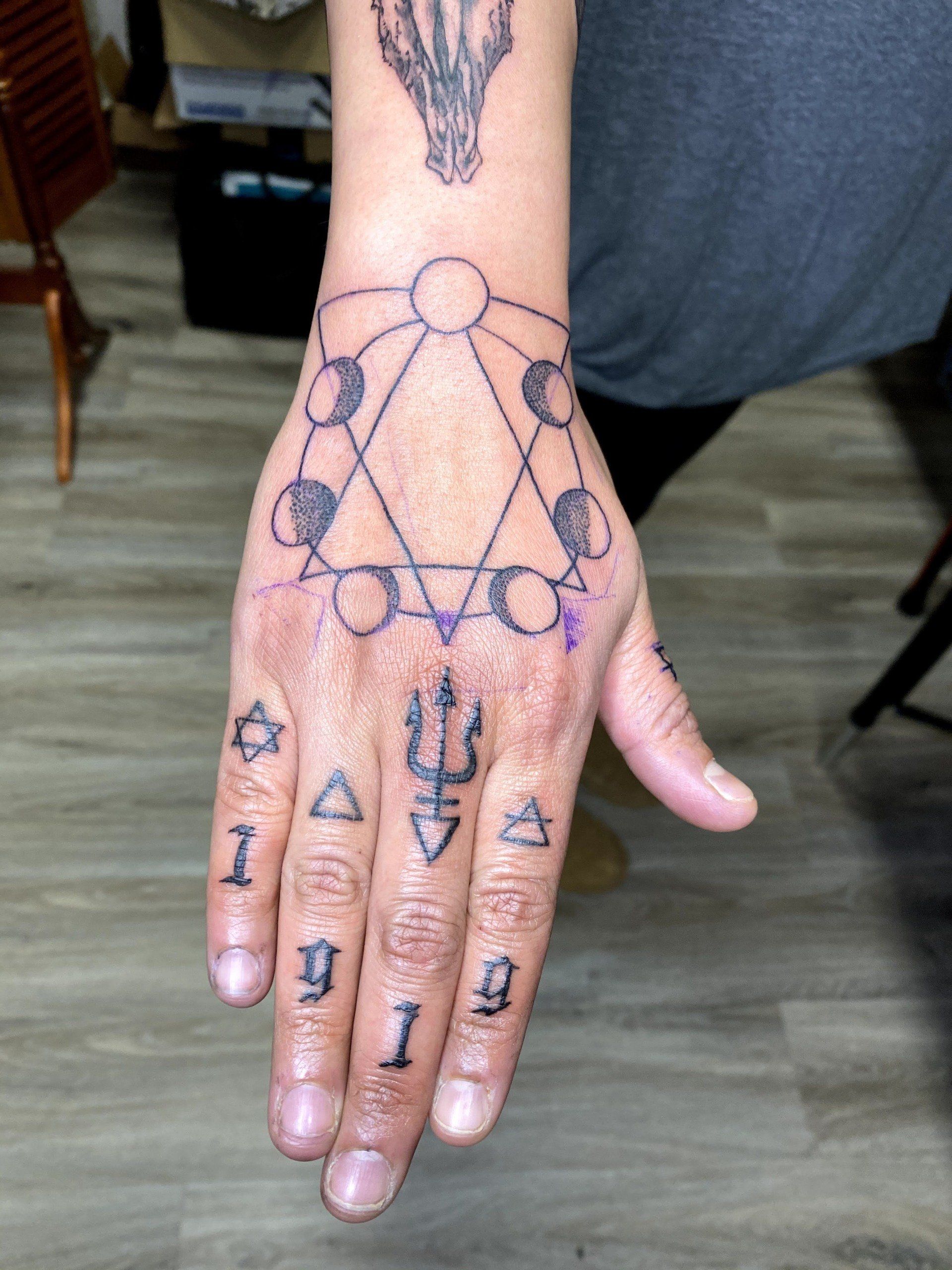 A person has a tattoo on their hand that says ' i ' on it