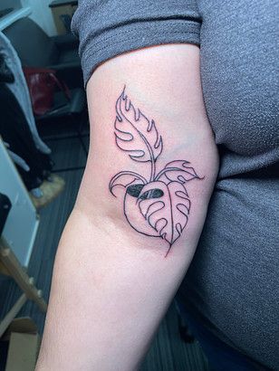 A woman has a tattoo of a leaf on her arm.