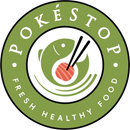 Pokéstop logo with a bowl of sushi and chopsticks on a green circular badge, “Fresh Healthy Food” text