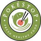 Pokéstop logo with a bowl of sushi and chopsticks on a green circular badge, “Fresh Healthy Food” text