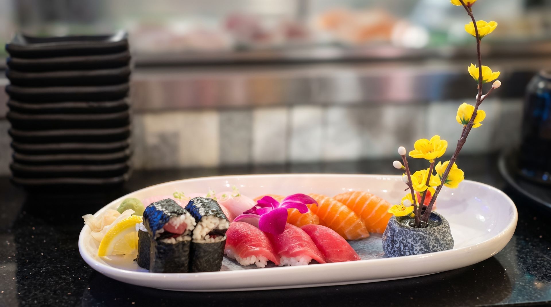 Plate of assorted colorful sushi rolls on a counter, with stacked black plates and a yellow flower garnish in the background